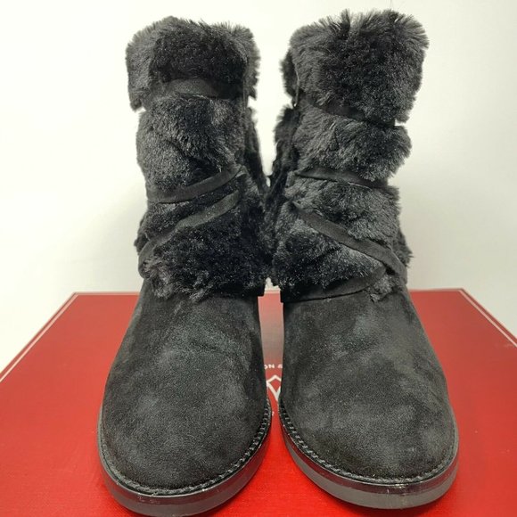 Johnston & Murphy Womens 6 Suede & Faux Fur Cuff Ankle Mid Boots Booties Black - Picture 6 of 10